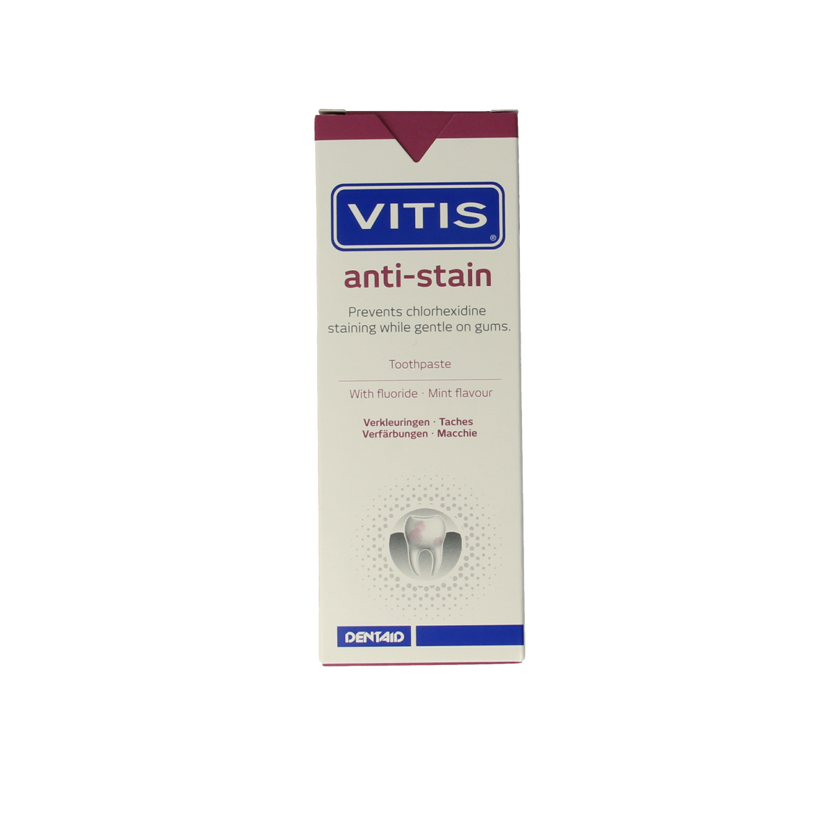 Vitis anti-stain toothpaste in 50ml tube showing the packaging and brand logo.