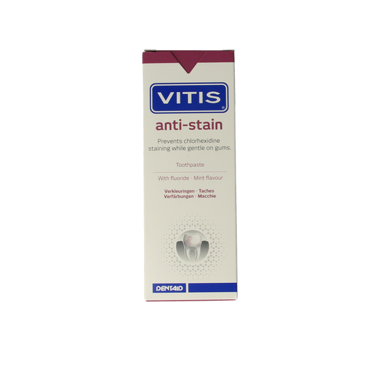 Vitis anti-stain toothpaste in 50ml tube showing the packaging and brand logo.