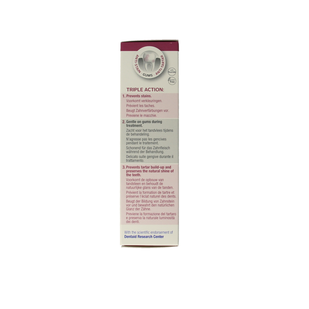 Vitis anti-stain toothpaste in 50ml tube, showing the packaging with branding and product details.