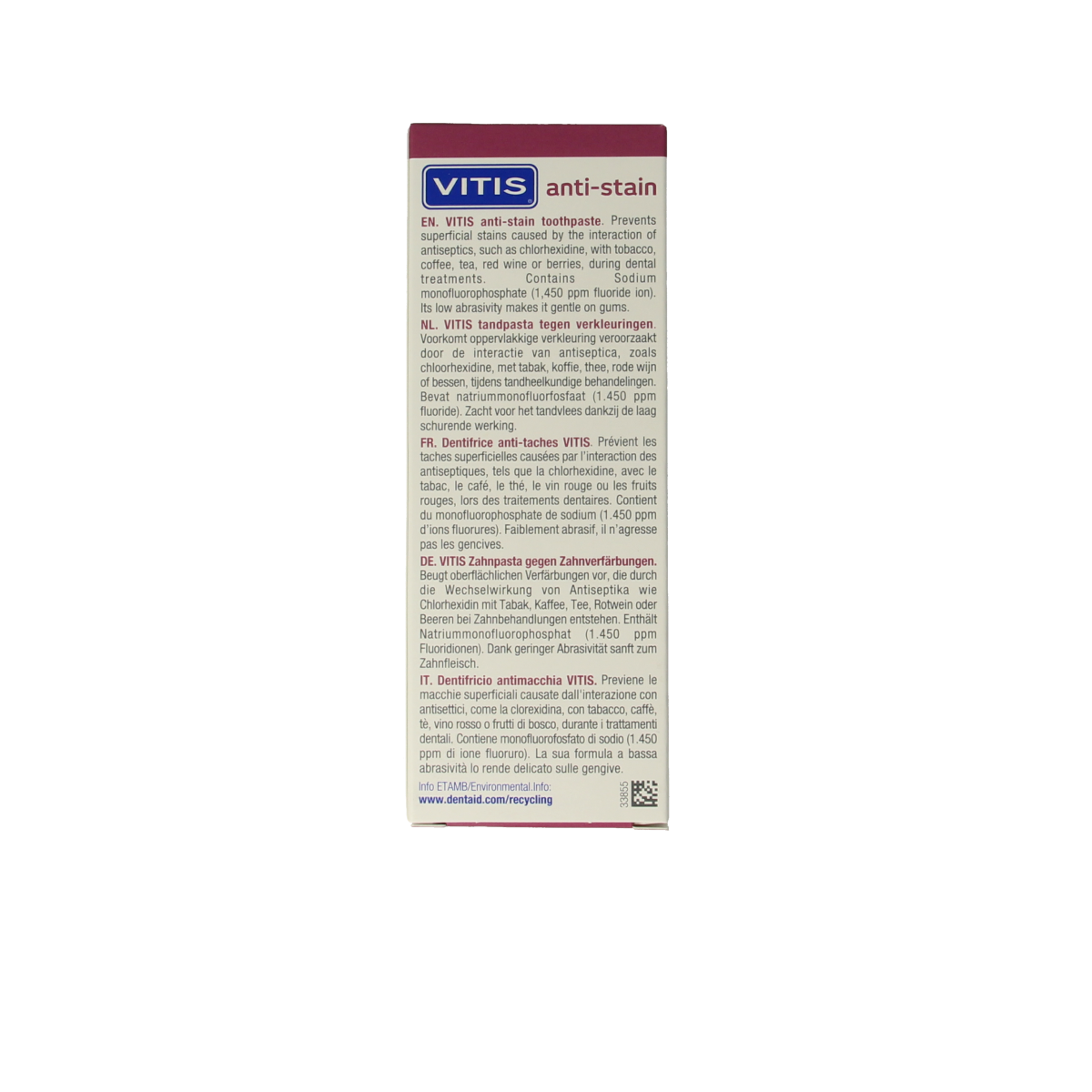 Vitis anti-stain toothpaste 50ml tube showing the white packaging with Vitis branding and product label.
