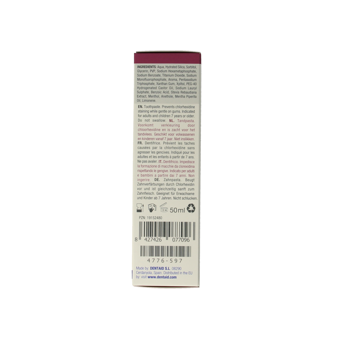 Vitis anti-stain toothpaste in a 50ml tube, featuring a white and blue packaging design for whitening and stain removal.