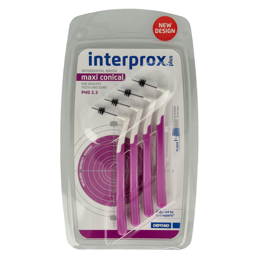 Interprox Interprox Plus maxi conical purple dental floss picks and interdental cleaner sticks, 4-pack, for oral hygiene.