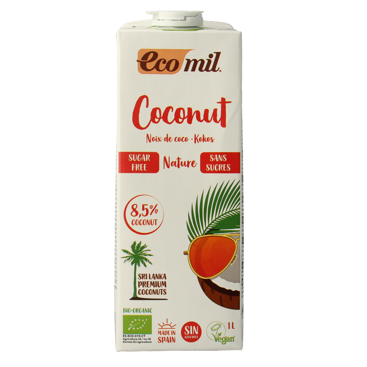 Ecomil natural organic coconut milk in 1-liter carton, dairy-free beverage in a clear container