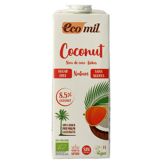 Ecomil natural organic coconut milk in 1-liter carton, dairy-free beverage in a clear container