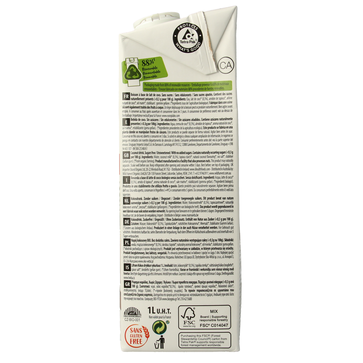 Ecomil natural organic coconut milk in 1-liter carton, suitable for drinks and recipes, with a clean, natural coconut appearance.