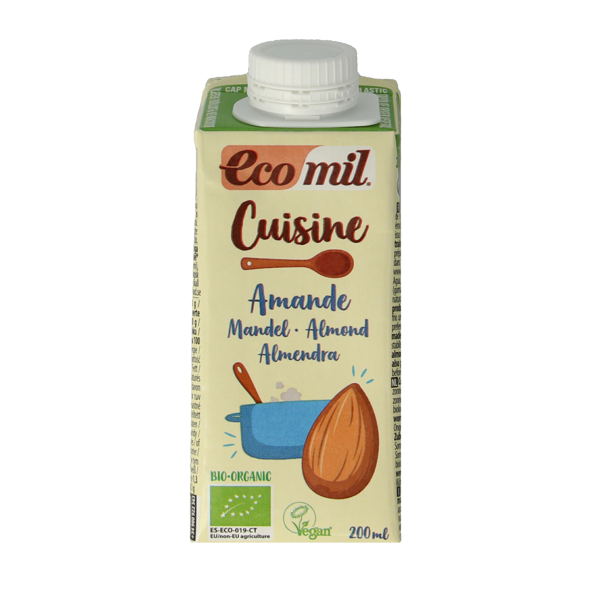 Ecomil Cuisine amandel bio almond sauce in 200ml bottle, a natural organic almond flavoring for cooking and baking.