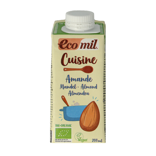 Ecomil Cuisine amandel bio almond sauce in 200ml bottle, a natural organic almond flavoring for cooking and baking.