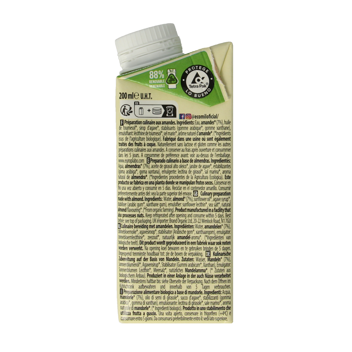 Ecomil Cuisine amandel bio almond sauce in 200ml bottle, organic almond-based sauce for cooking and flavoring.