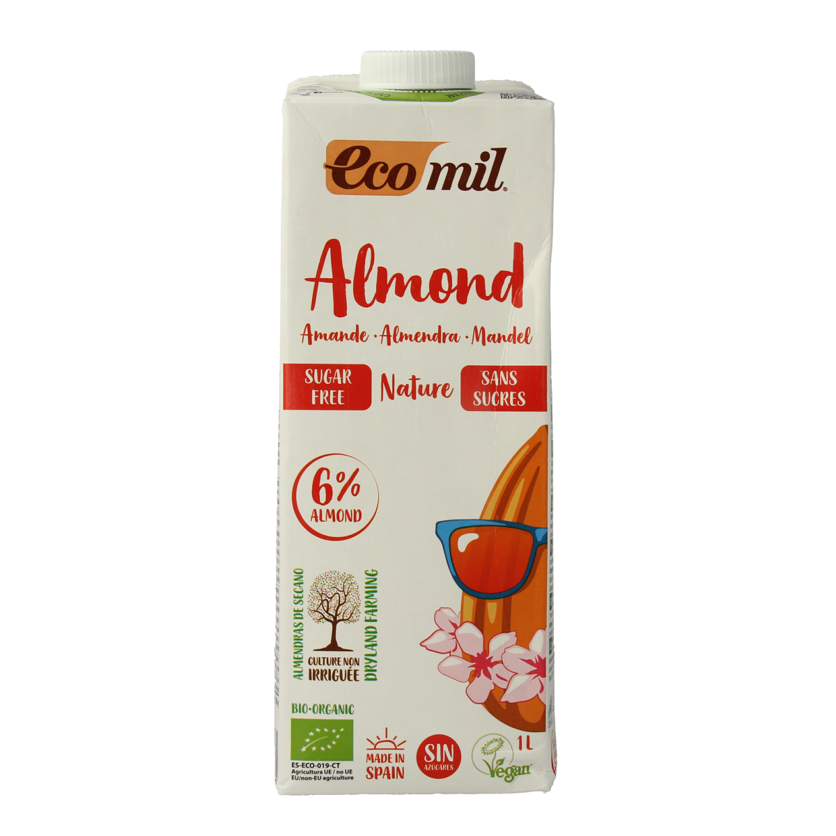 Ecomil organic unsweetened almond drink in 1-liter carton, natural and vegan almond beverage for drinking and recipes
