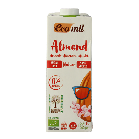 Ecomil organic unsweetened almond drink in 1-liter carton, natural and vegan almond beverage for drinking and recipes
