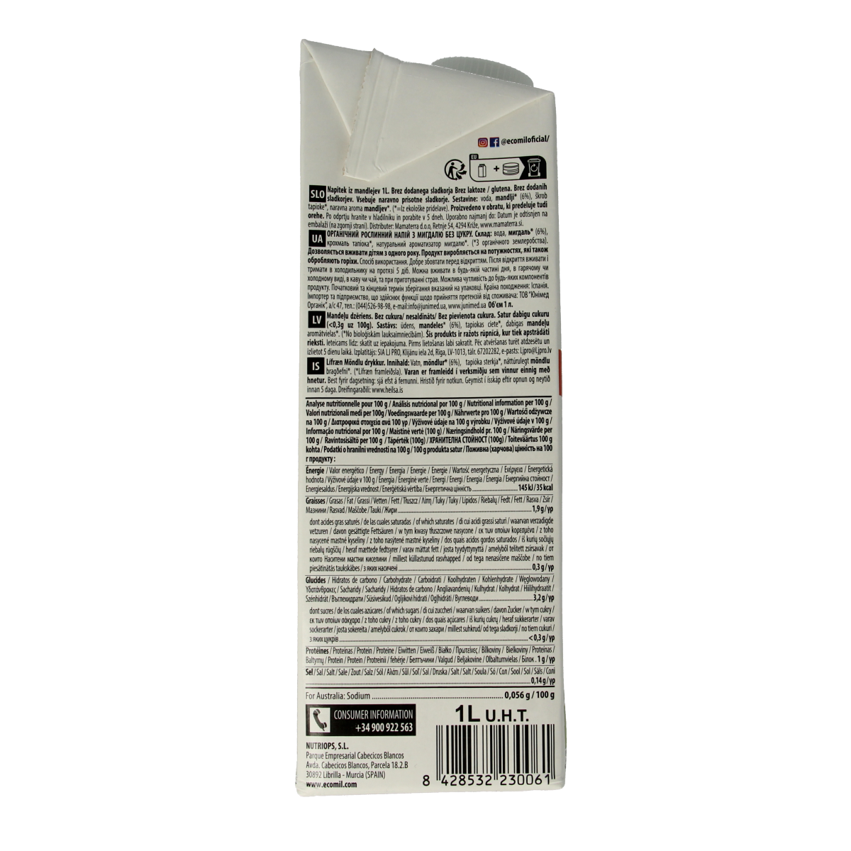 Ecomil natural almond drink in a 1-liter bottle, unsweetened, organic, suitable for drinks and smoothies.