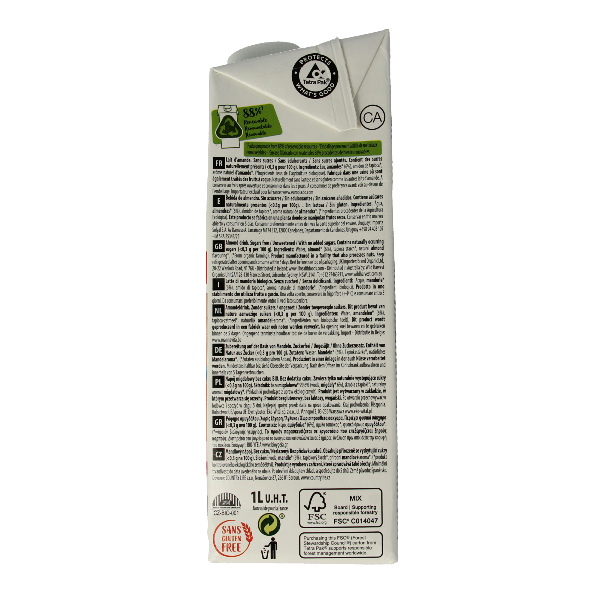 Ecomil natural almond drink in 1 liter carton, sugar-free organic beverage from the Ecomil drinks and juices range.