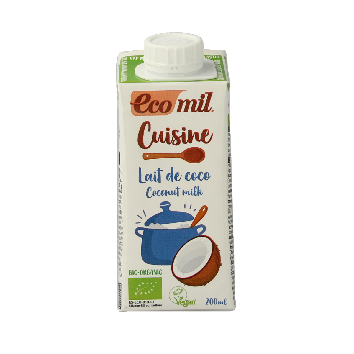 Ecomil bio coconut milk for cooking in a 200ml bottle, sauce and flavoring product with a white background.