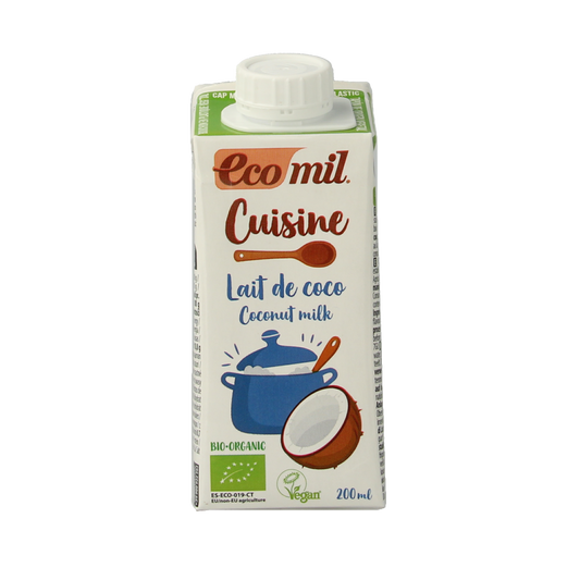 Ecomil bio coconut milk for cooking in a 200ml bottle, sauce and flavoring product with a white background.