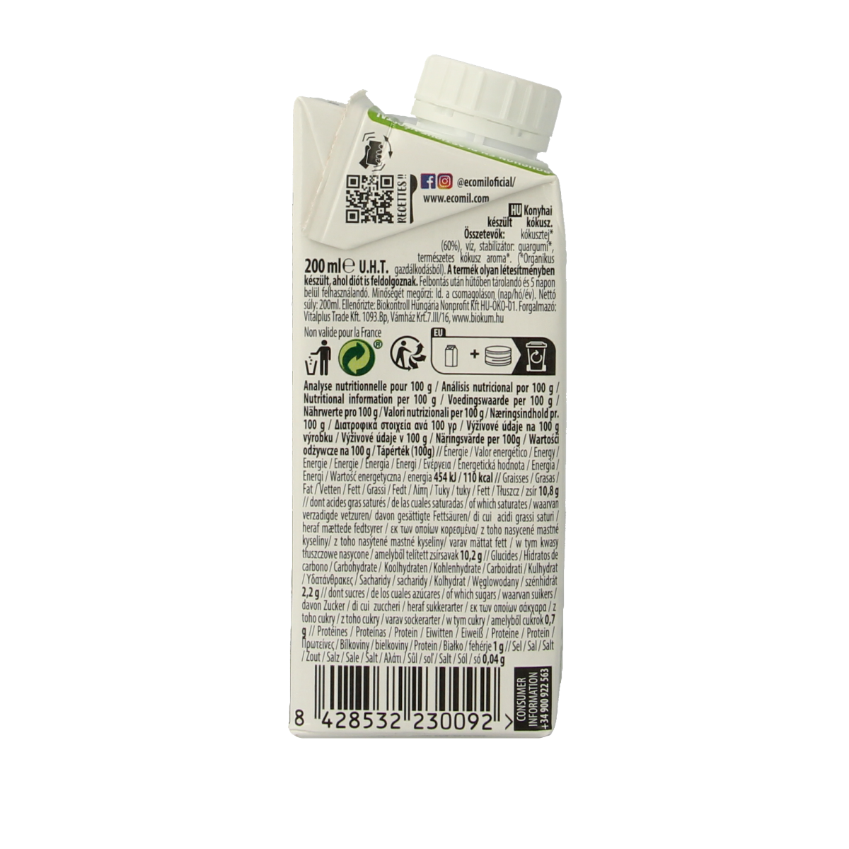Ecomil bio coconut milk for cooking, 200ml, in a white carton with coconut images and product details.