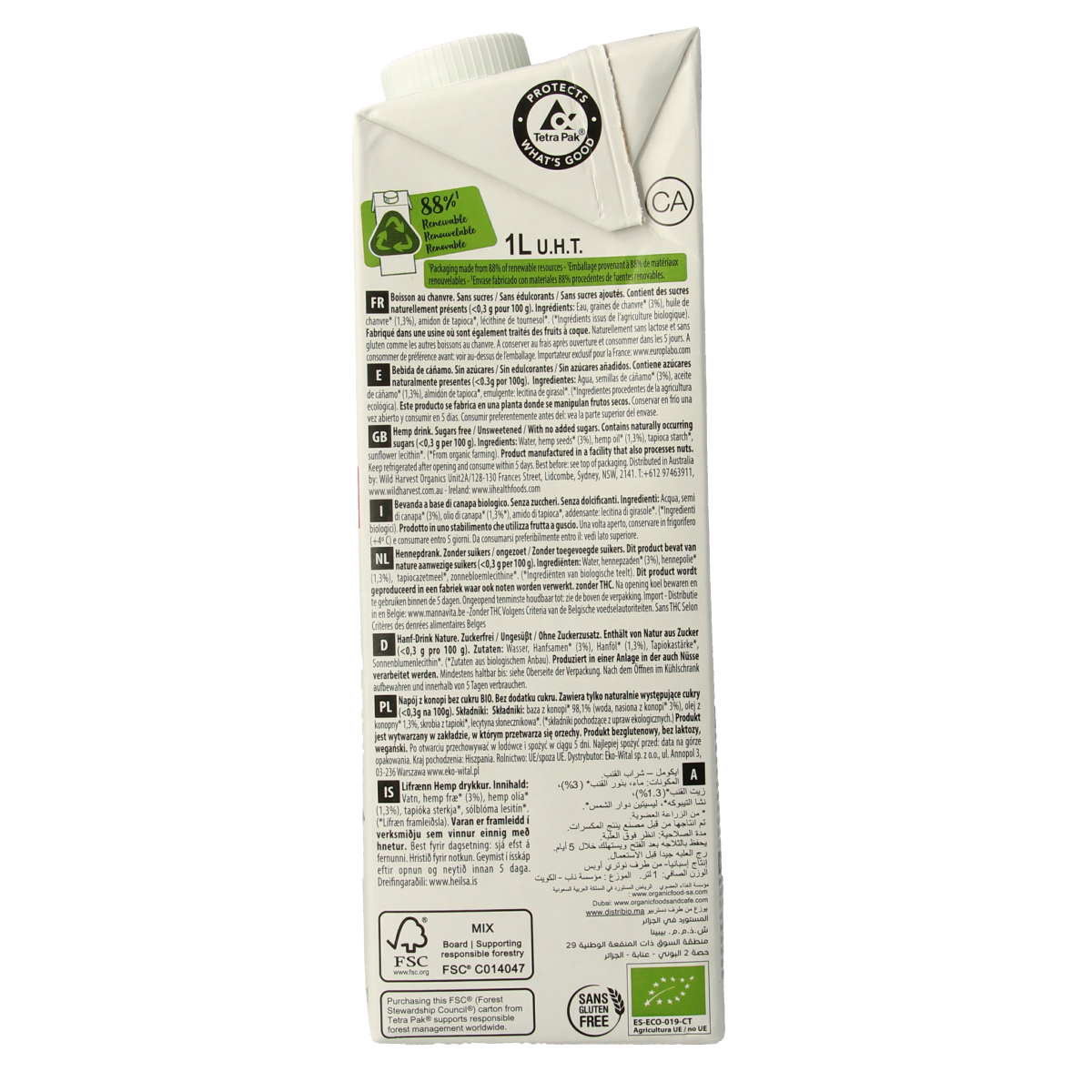 Ecomil organic hemp drink in a 1-liter bottle, natural hemp beverage from Ecomil, suitable for drinks and juice options.