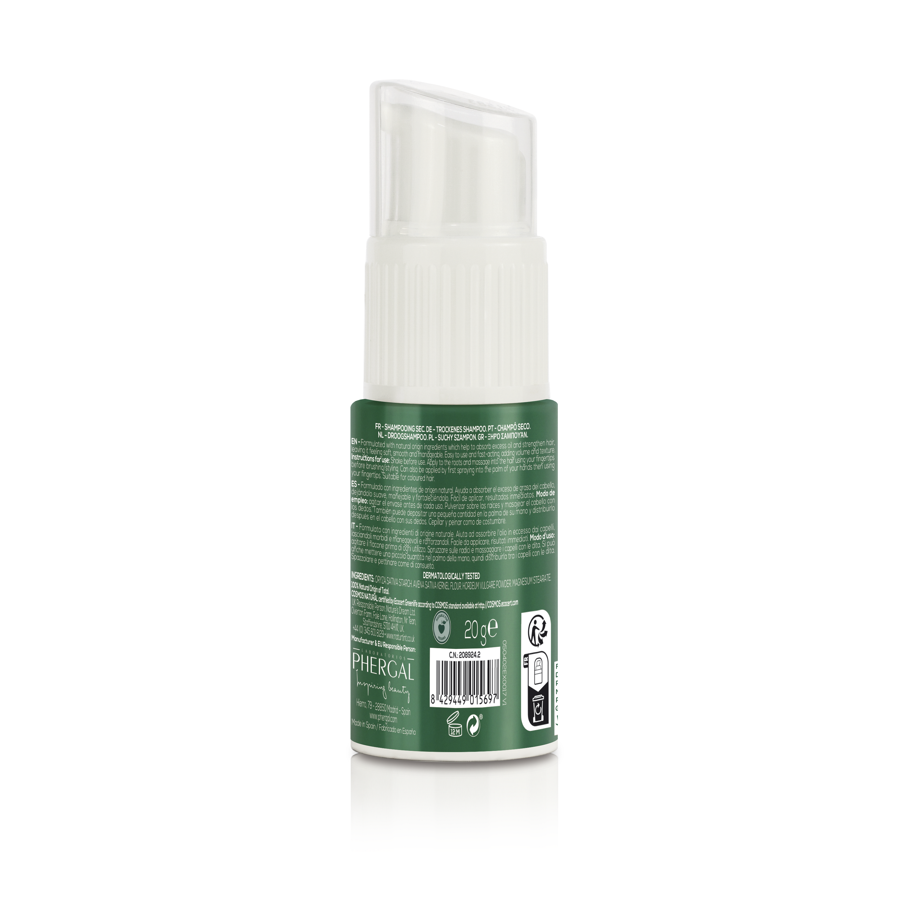 Naturtint dry shampoo eco, 20g, Haarverzorging product with a sleek container, designed for quick hair refreshment.