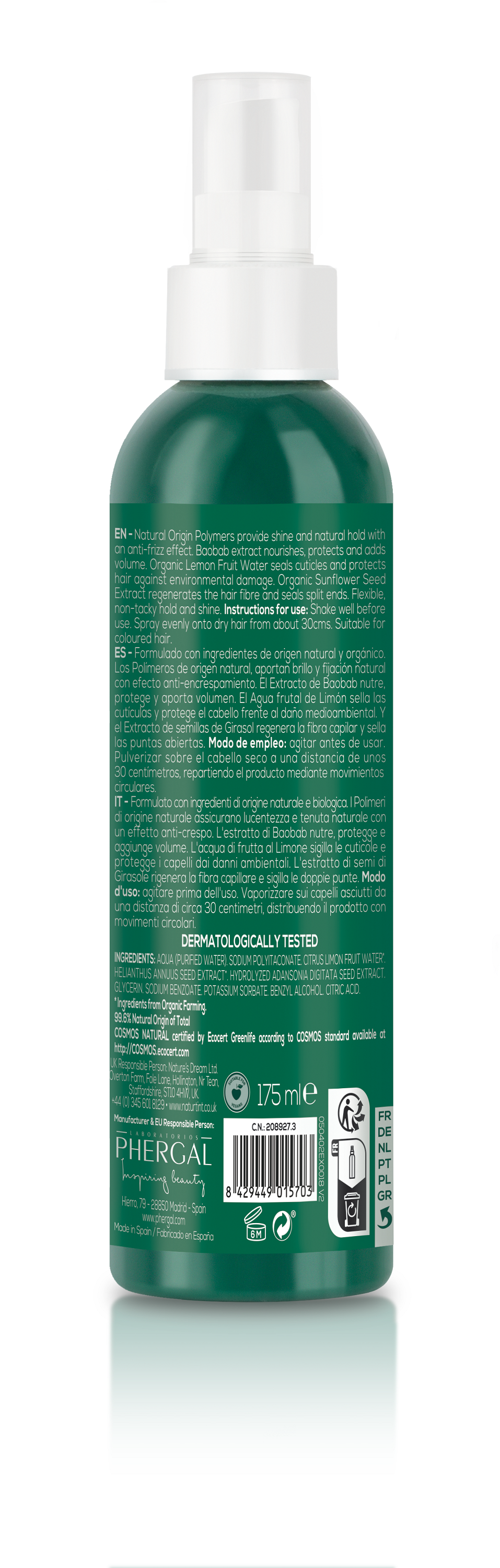 Naturtint Hairspray hold and protect eco, 175ml, natural styling product with eco-friendly ingredients and flexible hold.