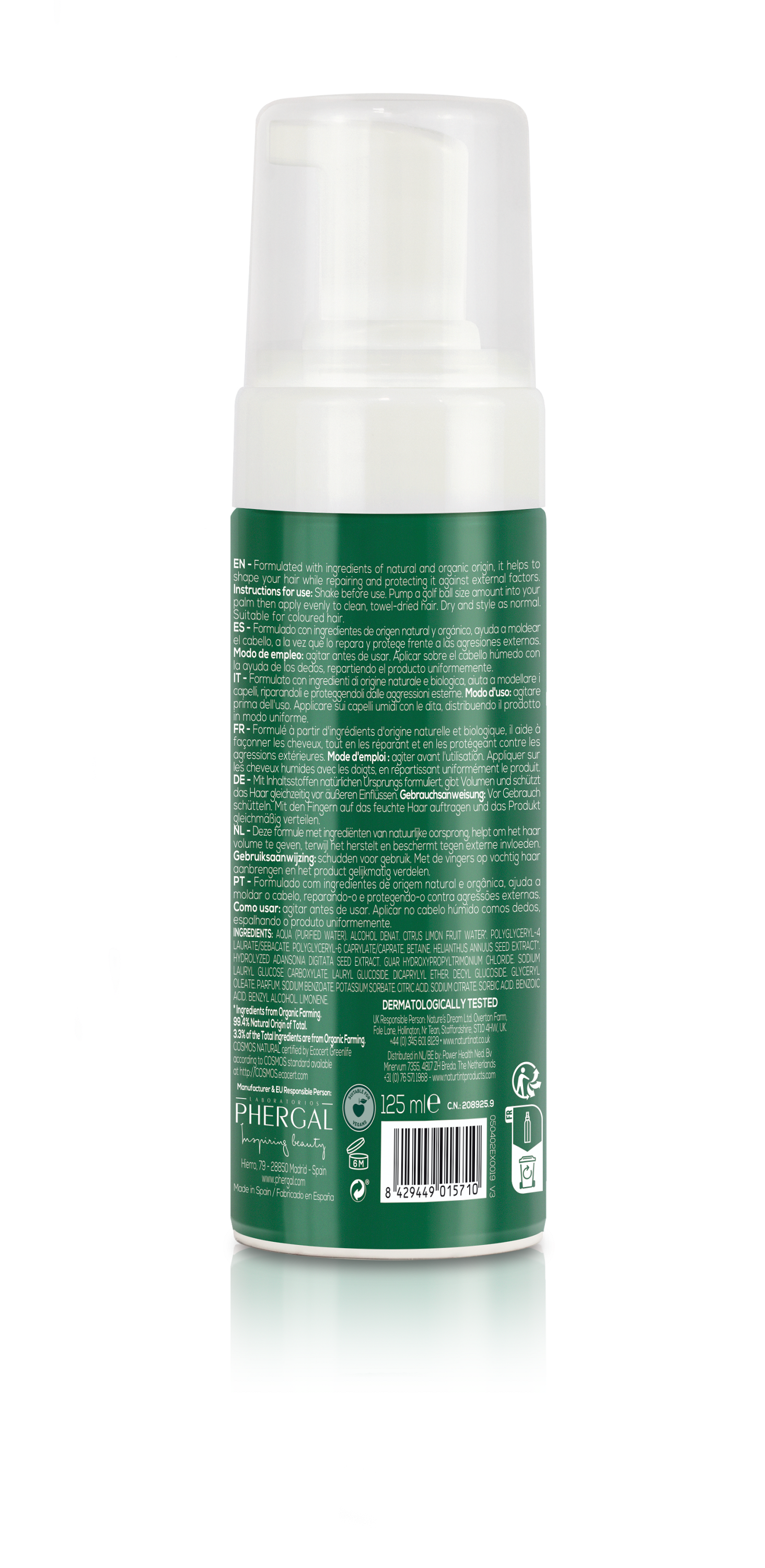 Naturtint styling foam for volume and hold, eco-friendly hair styling product in 125ml bottle with pump dispenser