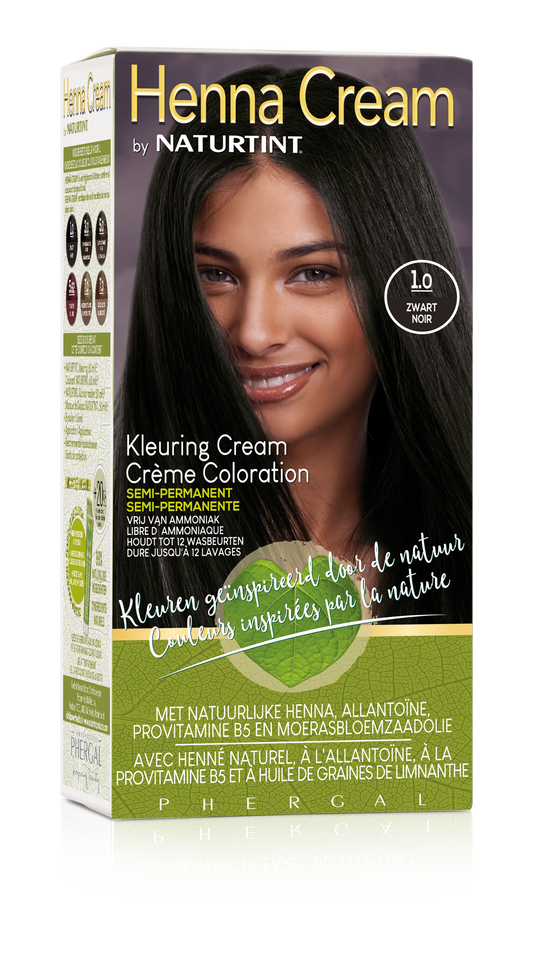 Naturtint Henna cream 1.0 zwart hair dye in 110ml tube, natural hair coloring product by Naturtint