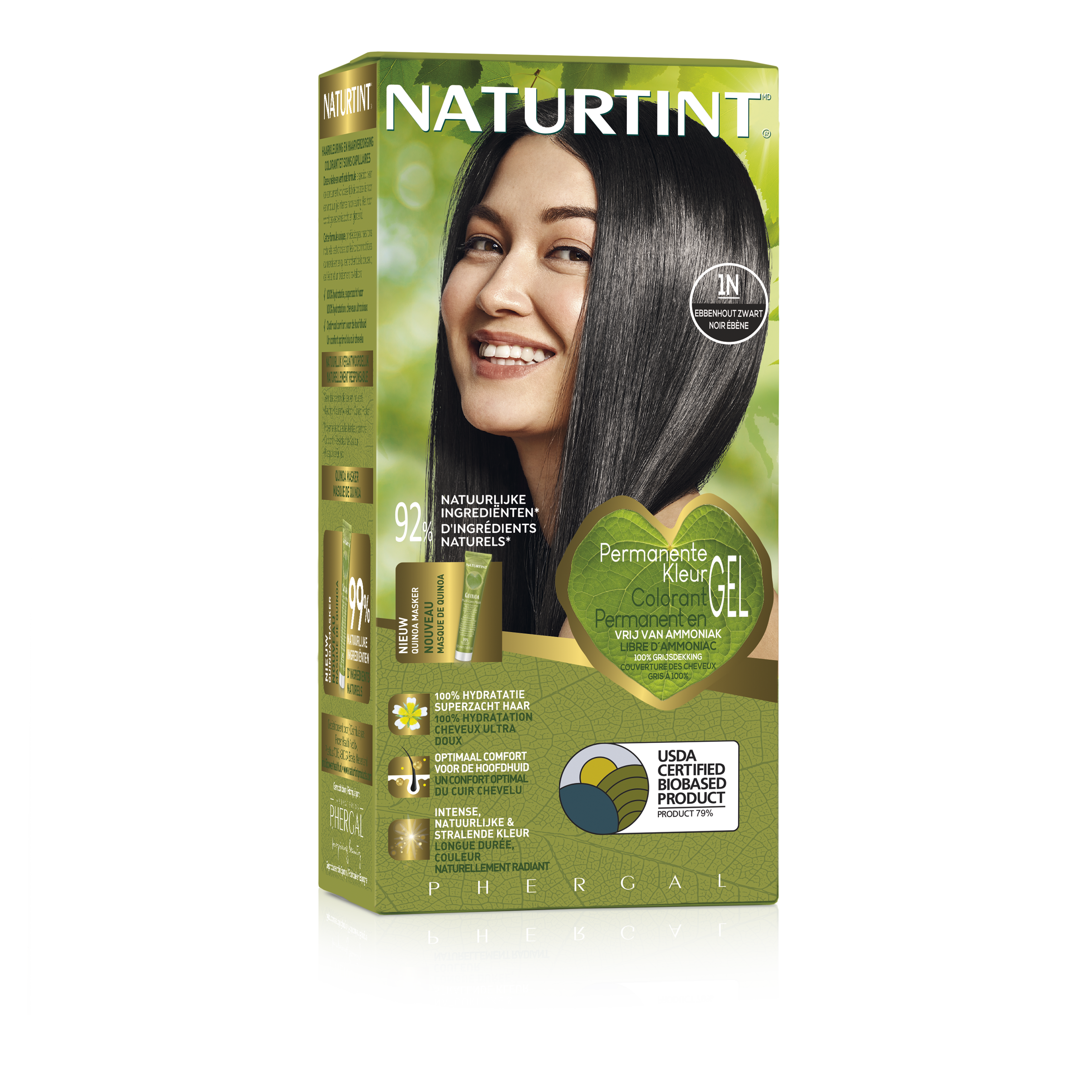 Naturtint 1N Ebbenhoutzwart hair coloring tube, 170ml, with black shade and natural hair dye packaging.