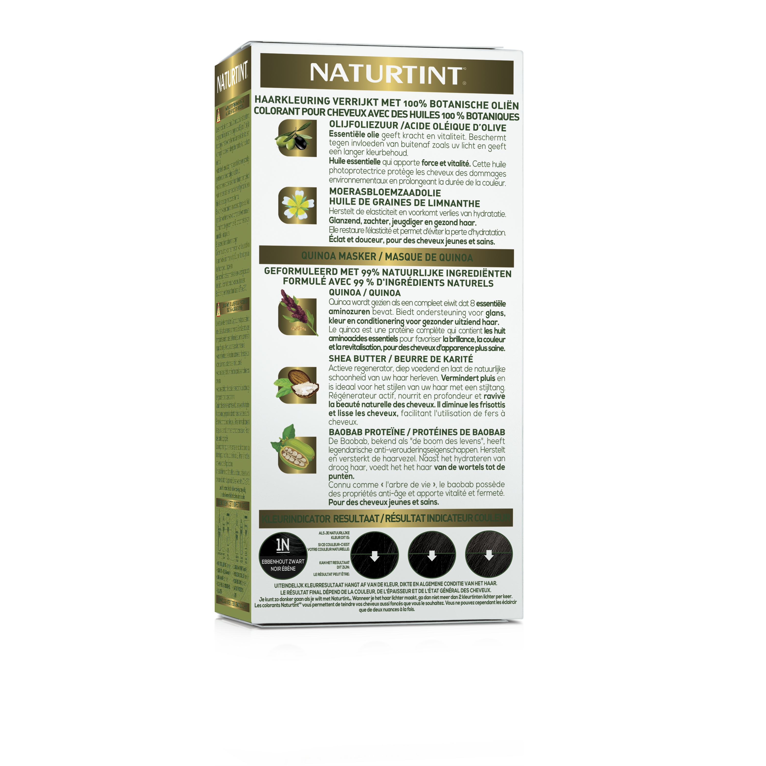 Naturtint 1N Ebbenhoutzwart hair coloring box showing black hair dye product with branding and packaging design.