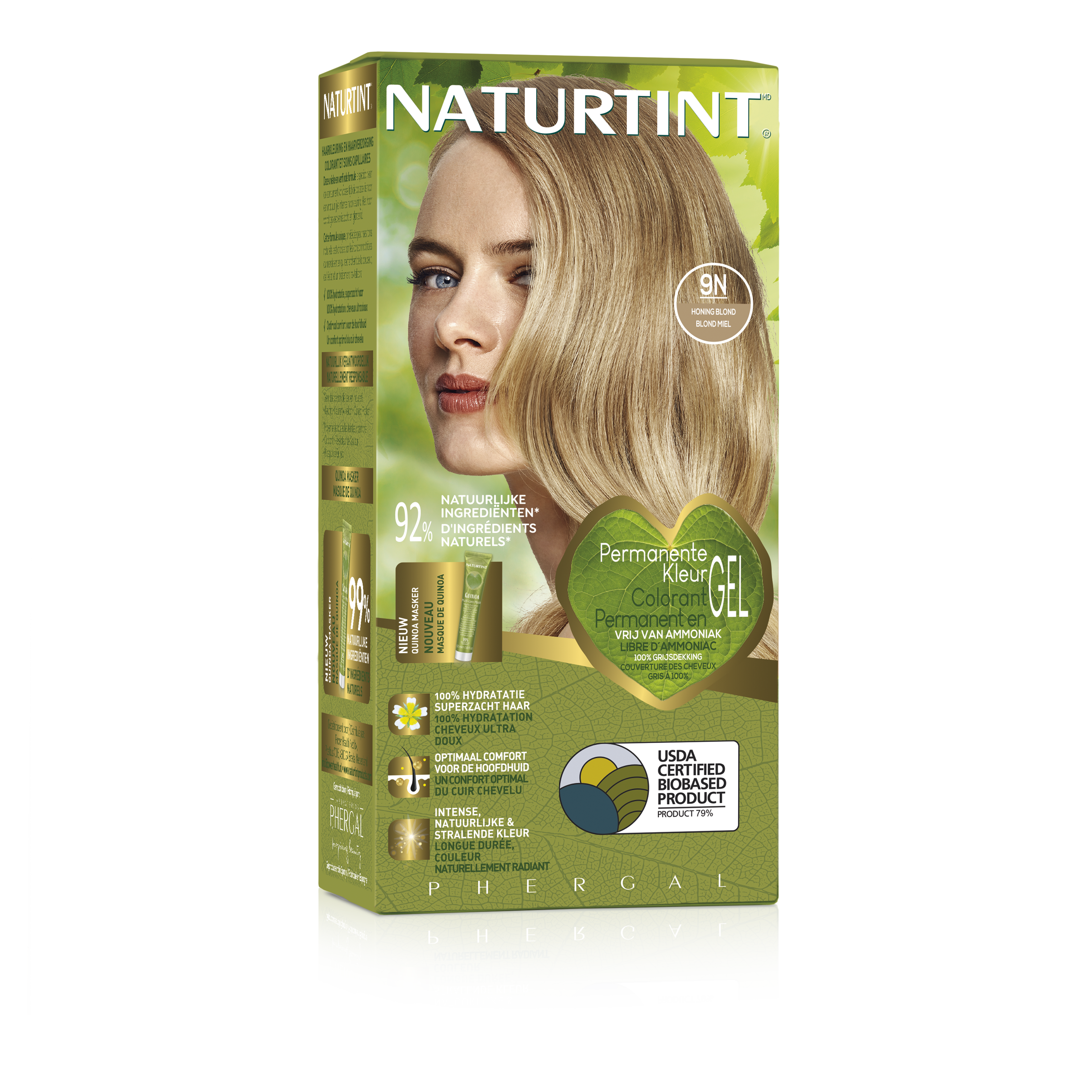 Naturtint 9N Honingblond hair coloring box with shade and brand details, showcasing the natural hair dye product.
