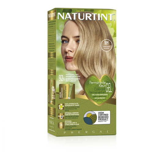 Naturtint 9N Honingblond hair coloring box with shade and brand details, showcasing the natural hair dye product.
