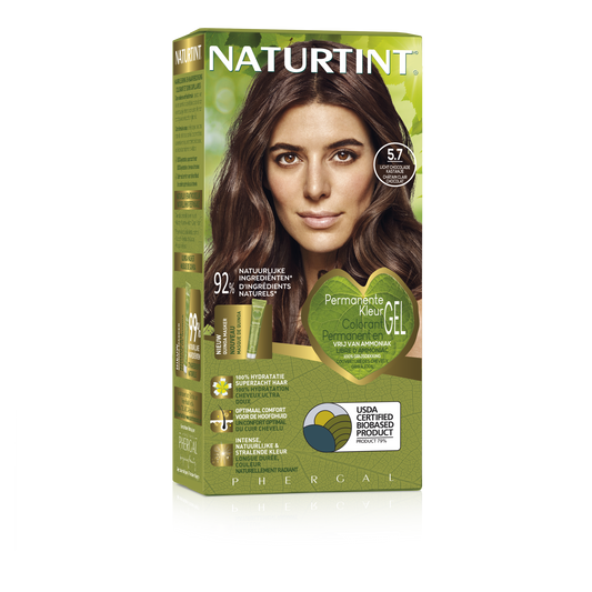 Naturtint 5.7 Licht Choco Kastanje hair coloring cream in 170ml bottle, natural hair dye with rich choco kastanje shade