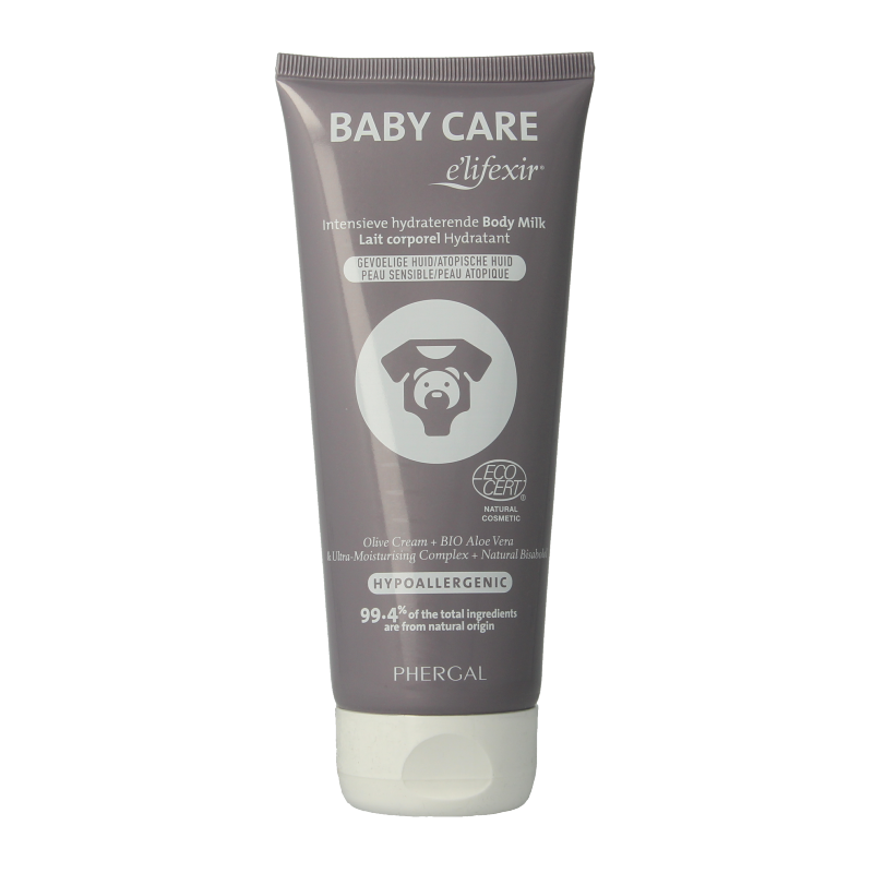 Baby Care E Lifexir baby body milk in a 200ml bottle, gentle body moisturizer for infants with soft, nourishing formula.