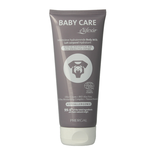 Baby Care E Lifexir baby body milk in a 200ml bottle, gentle body moisturizer for infants with soft, nourishing formula.