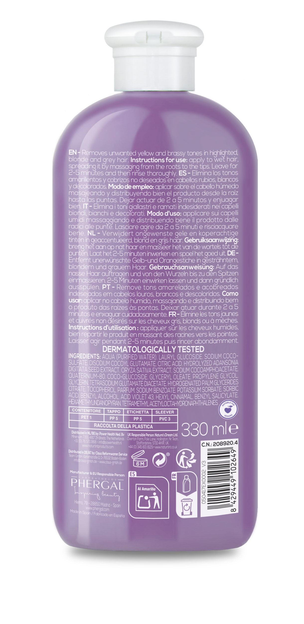 Naturtint Silver shampoo in 330ml bottle, hair care product for silver and gray hair, with a sleek label and pump dispenser.