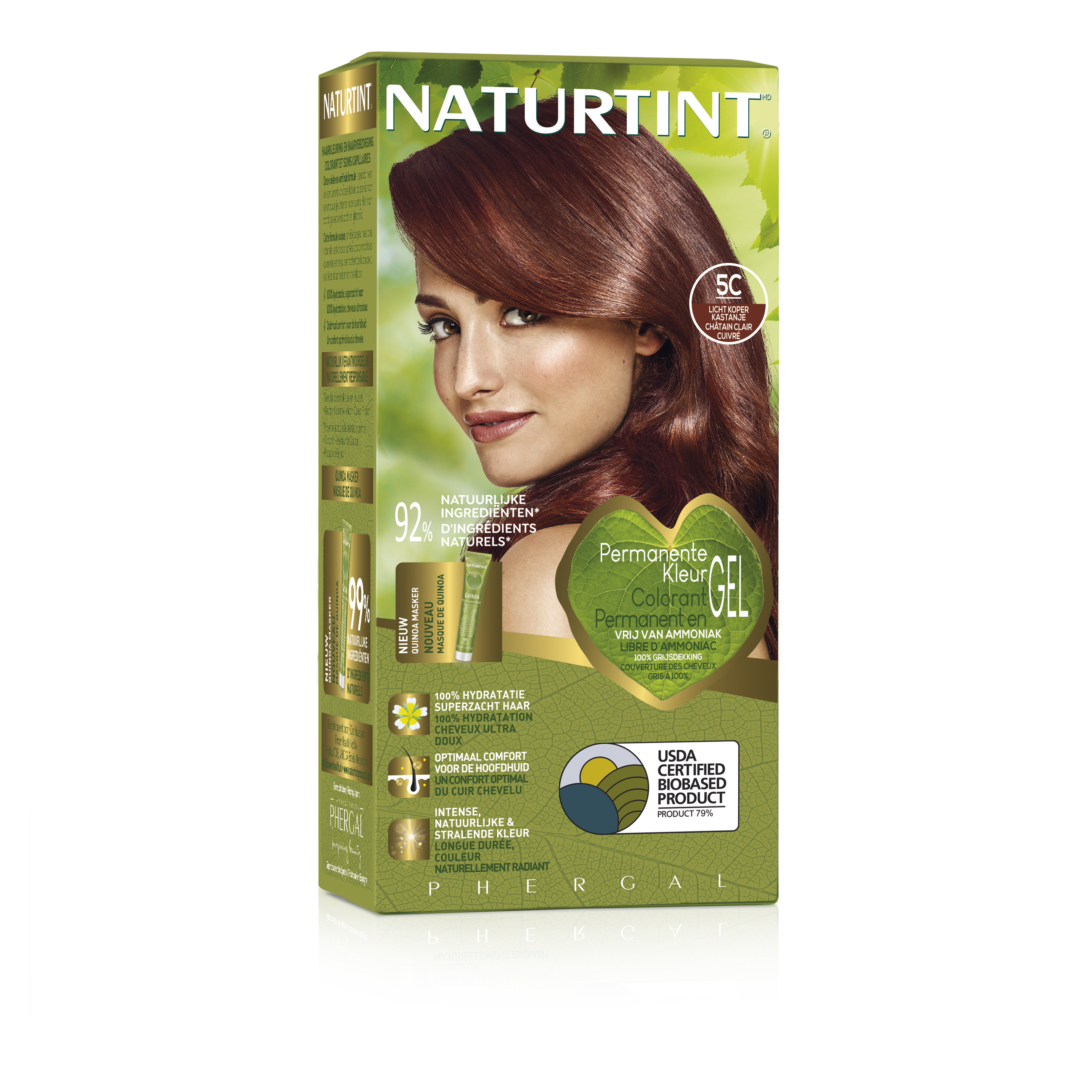 Naturtint 5C Licht kastanje koper hair coloring tube, 170ml, natural hair dye application with rich chestnut copper tones.