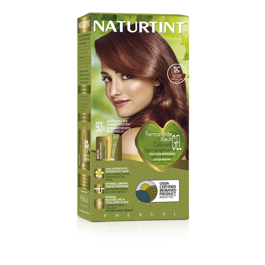 Naturtint 5C Licht kastanje koper hair coloring tube, 170ml, natural hair dye application with rich chestnut copper tones.