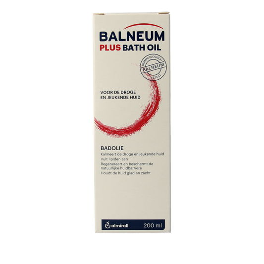 Balneum Plus badolie 200ml bottle for bath and shower, with label showing product details and branding.