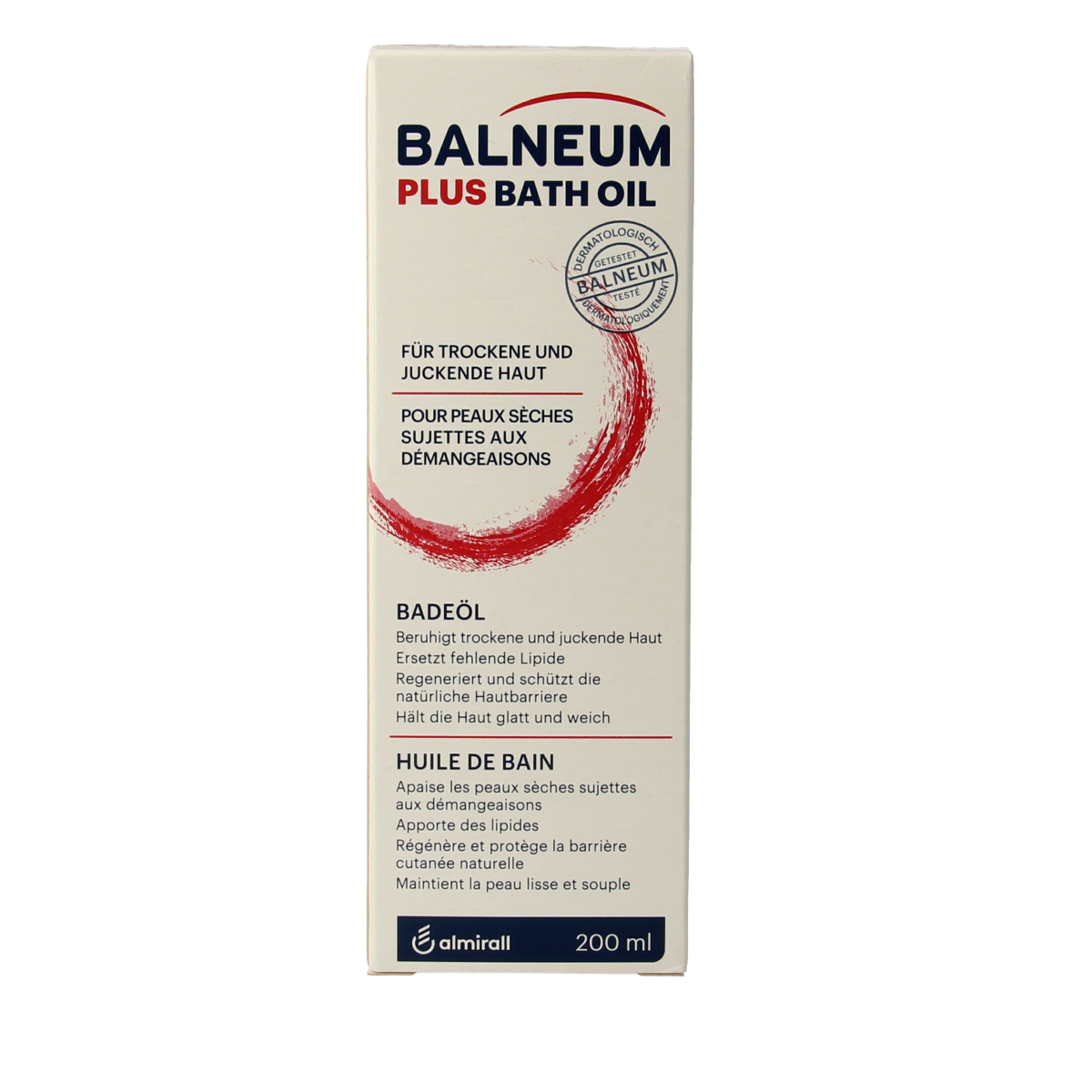Balneum Plus bad en douche olie in 200ml bottle, gentle cleansing and moisturizing bath and shower oil featuring natural ingredients.