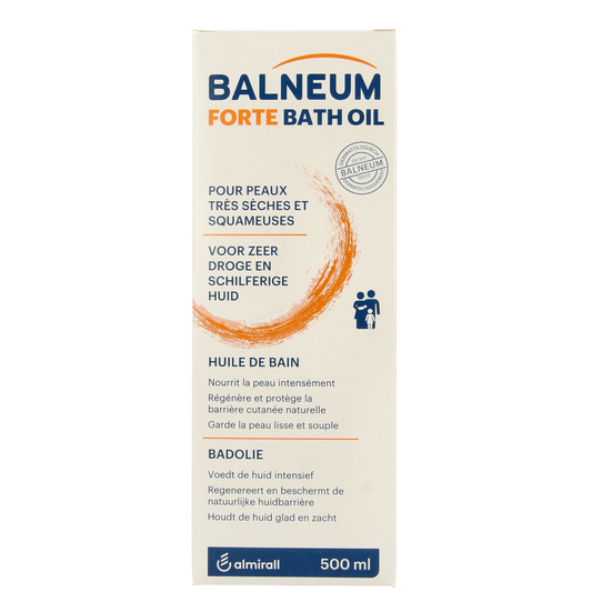 Balneum Badolie Forte 500ml bottle of bath and shower oil with soothing skincare ingredients, designed for gentle cleansing.