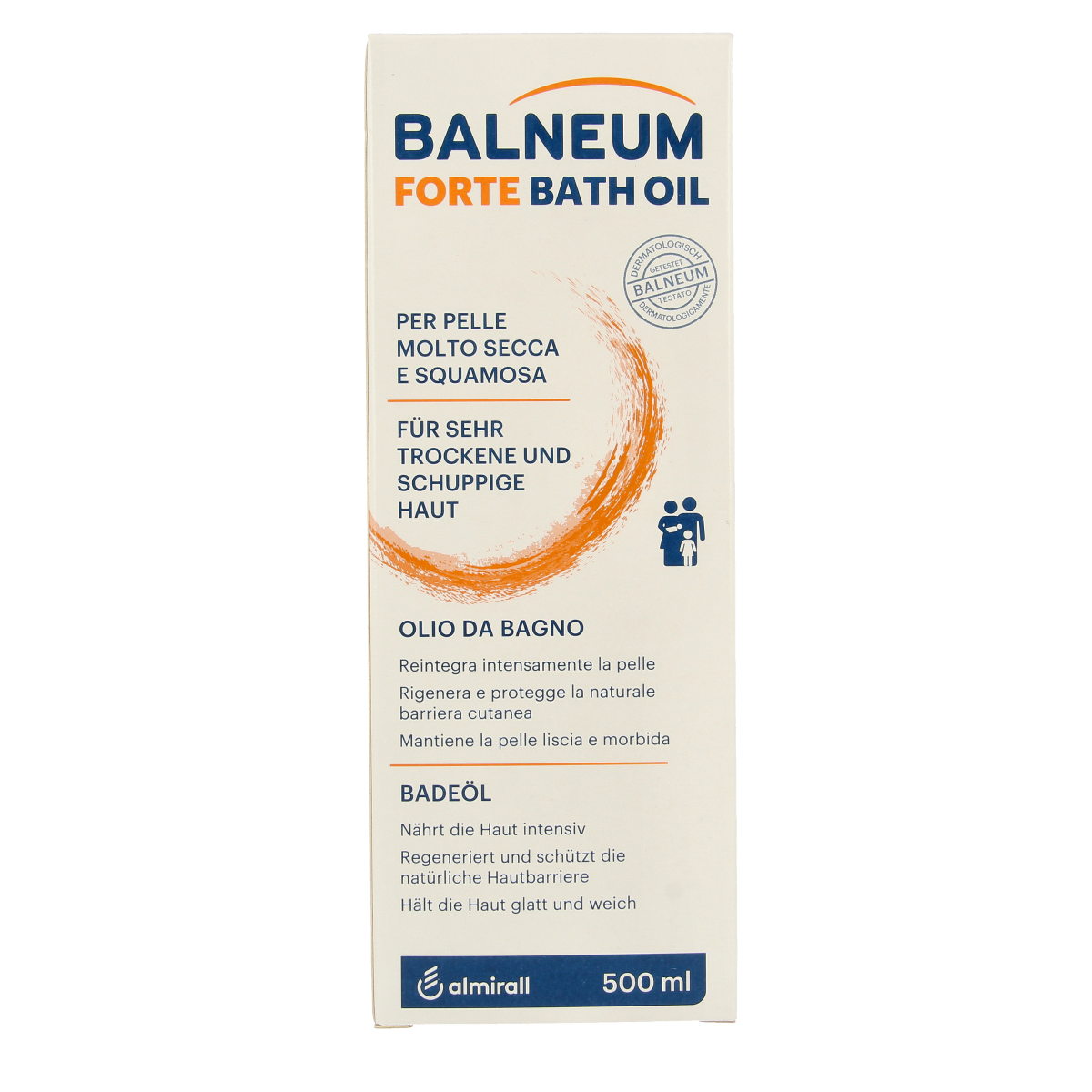 Balneum Badolie Forte 500ml bottle for bath and shower, moisturizing skin care product in a clear plastic bottle.