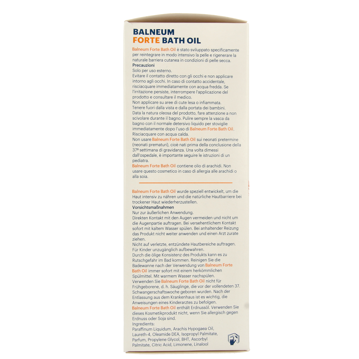 Balneum Badolie Forte 500ml bottle, soothing bath and shower oil with nourishing ingredients, in a clear plastic bottle.
