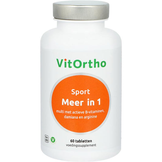 VitOrtho Meer in 1 sport multivitamin tablets, 60-count, showing the supplement bottle and tablets inside.