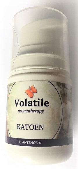 Volatile plantenolie katoen in 50ml bottle, natural body care product, with a clear label and white cap, on a plain background.