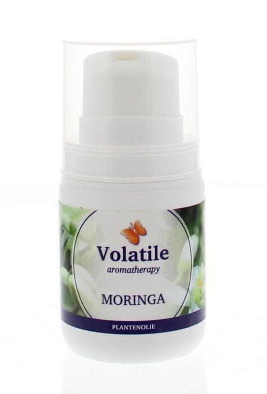 Volatile Moringa plant oil in a 50ml bottle, natural body care product with a clear label and dropper cap.