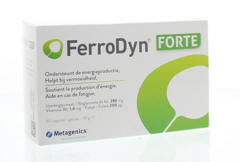 Metagenics Ferrodyn Forte 90 capsules, a mineral supplement with iron and nutrients, shown in a close-up image.