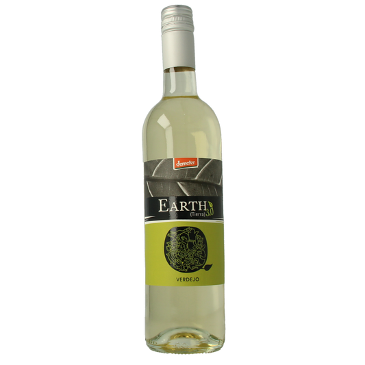Parra Jimenez Earth 3.0 Verjedo Bio wine, 750ml, in a clear bottle with a natural cork stopper, showcasing a rich amber color.