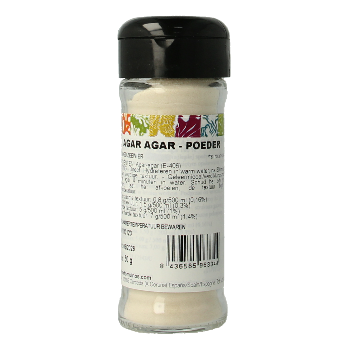Bio Porto-Muinos agar agar powder in 50g, natural vegan gelling agent used in baking and cooking, shown in the image.