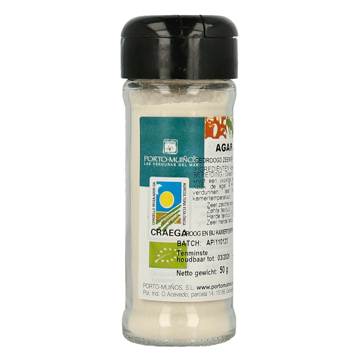 Porto-Muinos organic agar agar powder in 50g package, used as a natural thickening agent in baking and cooking.