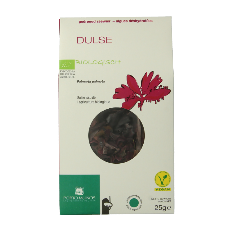 Porto-Muinos Dulse bio flakes in a 25g package, featuring dried seaweed on a natural background.