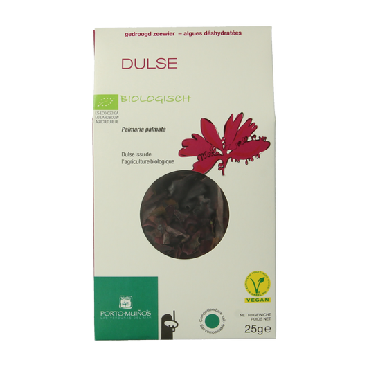 Porto-Muinos Dulse bio flakes in a 25g package, featuring dried seaweed on a natural background.