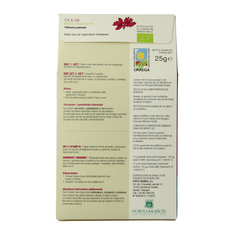 Porto-Muinos Dulse bio flakes in 25g package, featuring vibrant dried seaweed for healthy snacks or cooking ingredients.