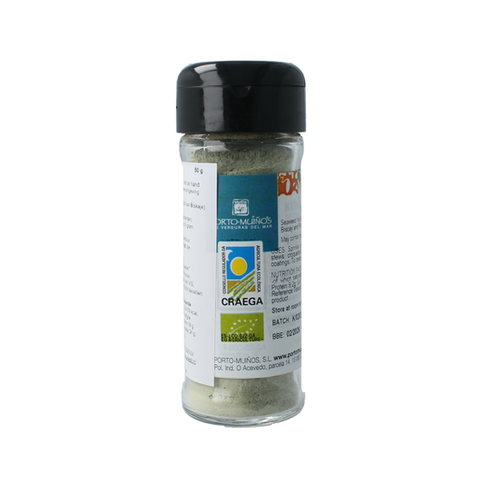 Porto-Muinos organic kombu powder in a 50g container, used as a natural seaweed seasoning for vegetables and dishes.